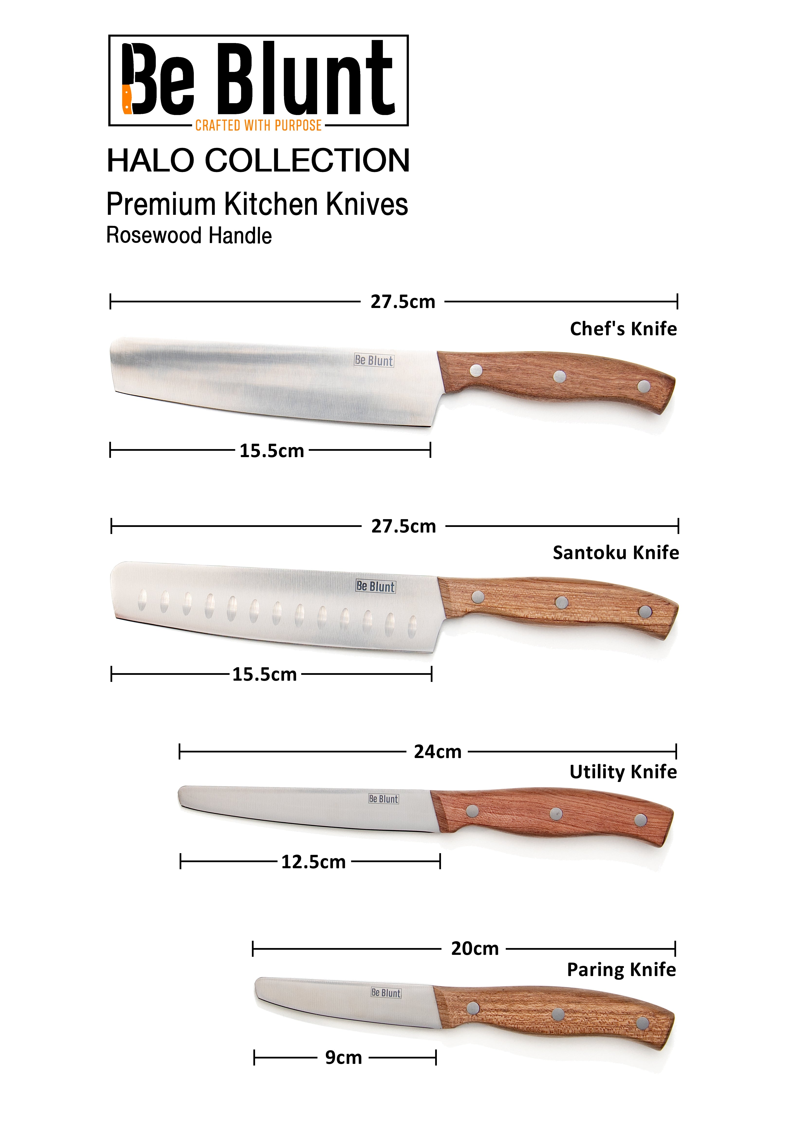 Premium Grade Round Tipped Safer Kitchen Knives (Set of 4) Rosewood