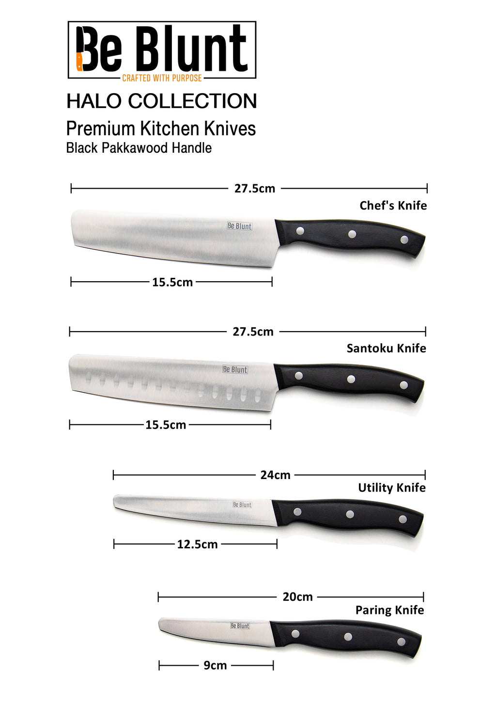 Premium Grade Round Tipped Safer Kitchen Knives (set of 4) Black Pakkawood