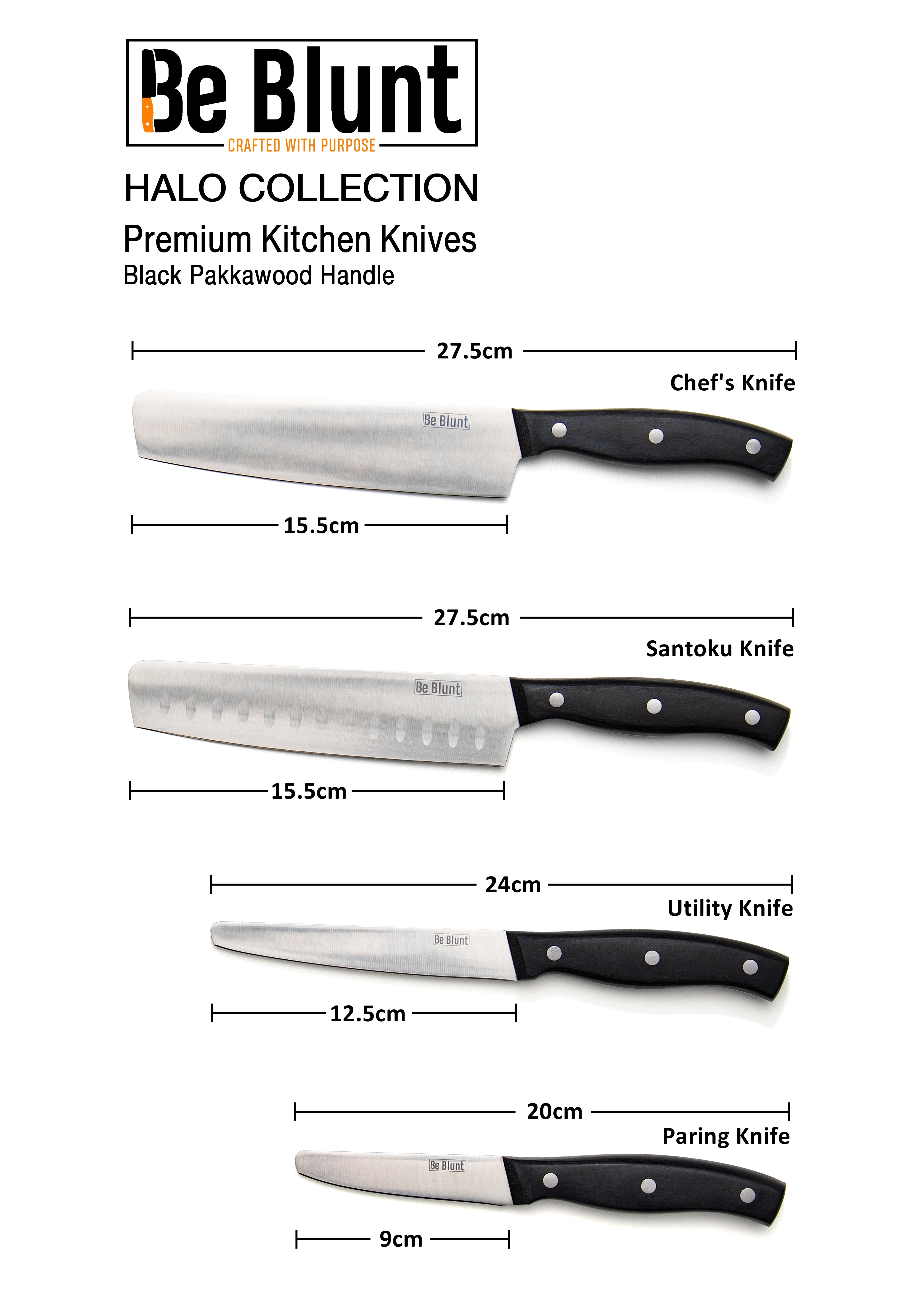 Premium Grade Round Tipped Safer Kitchen Knives (set of 4) Black Pakkawood